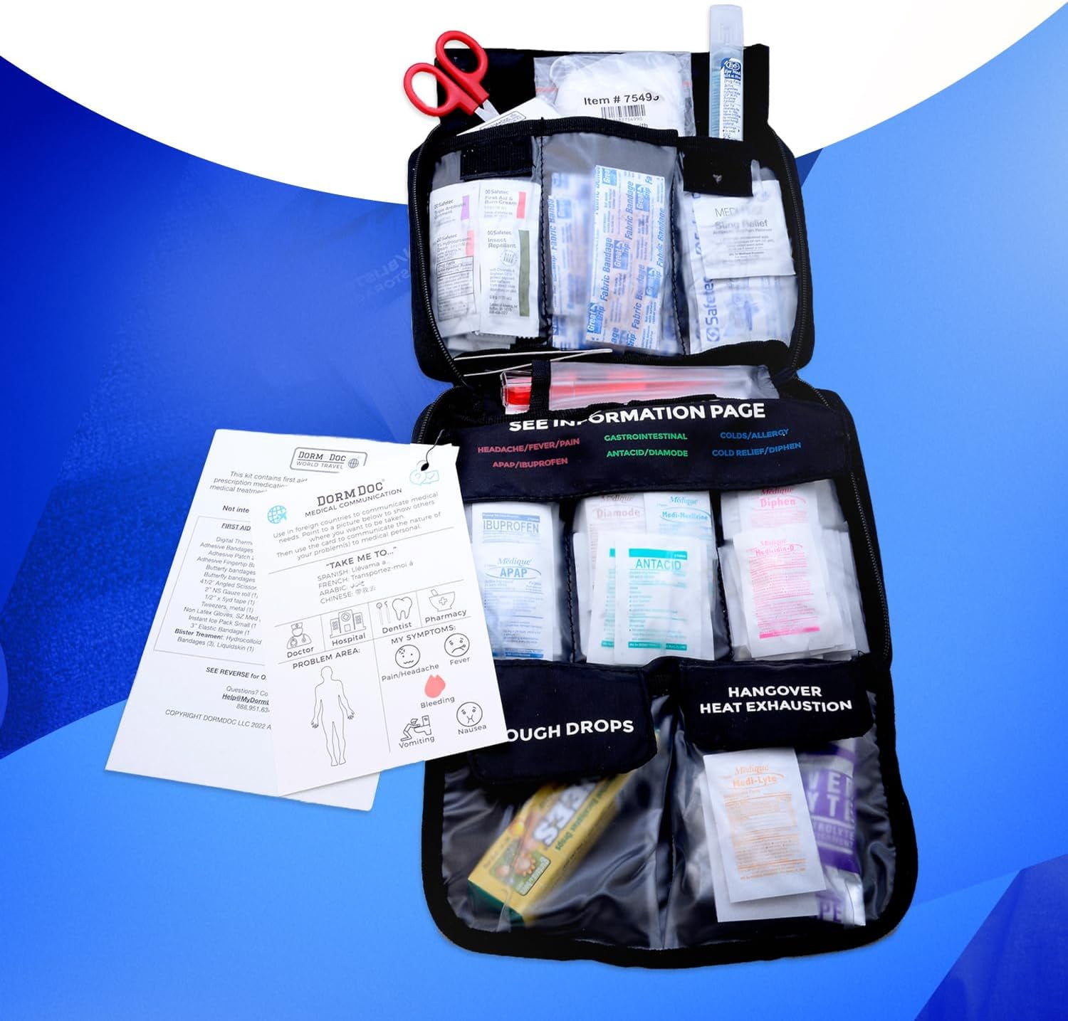 World Travel 200 Piece Emergency First Aid Kit for College Students - Dorm Room Foreign Study Kit with OTC Medicines and Bandages for School, Sports, Vehicle and Travel (Black)