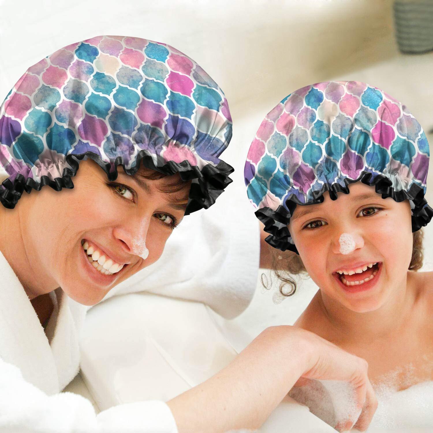 Shower Caps,Multi Color Moroccan Checkered Pattern Waterproof Shower Cap for Women 4 Pieces,Double Reusable Hair Cover for Shower PEVA Elastic Stretch Hem