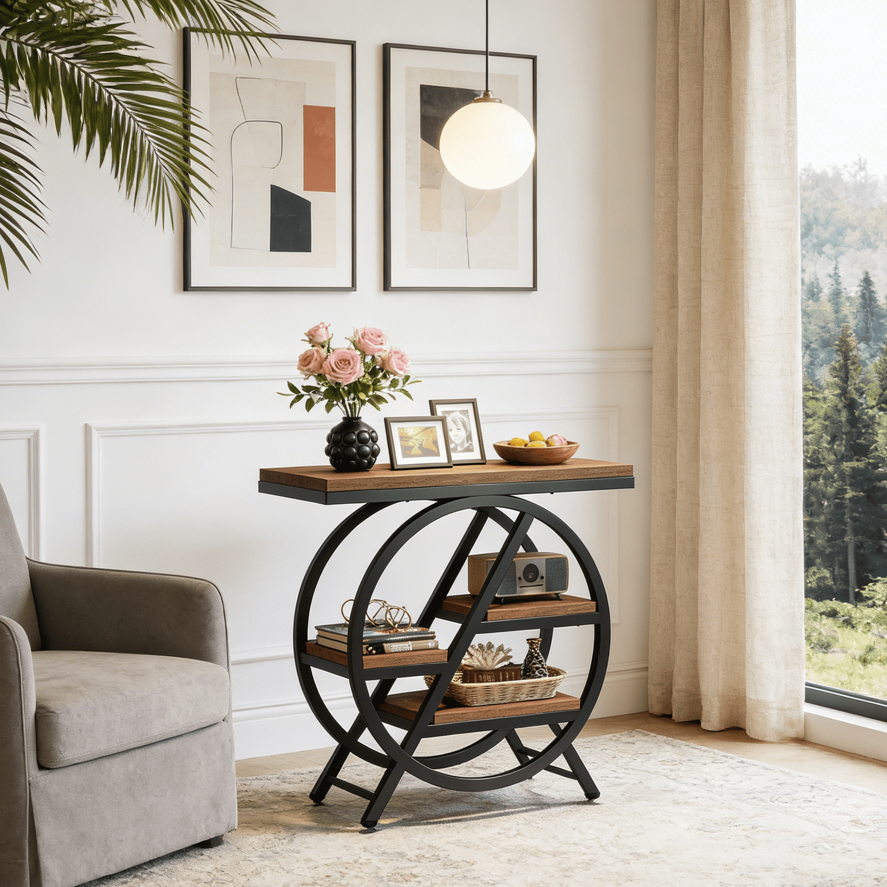 Fnova End Table Modern Wood Narrow Farmhouse Side Tables with Storage Shelf for Living Room, Bedroom, Nightstand