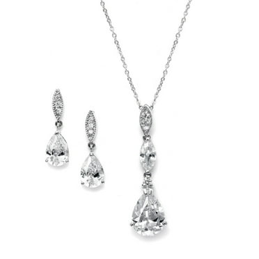 Mariell Bridal Wedding Necklace Earrings Set, Silver CZ Pendant and Drop Earring for Brides, Bridesmaids