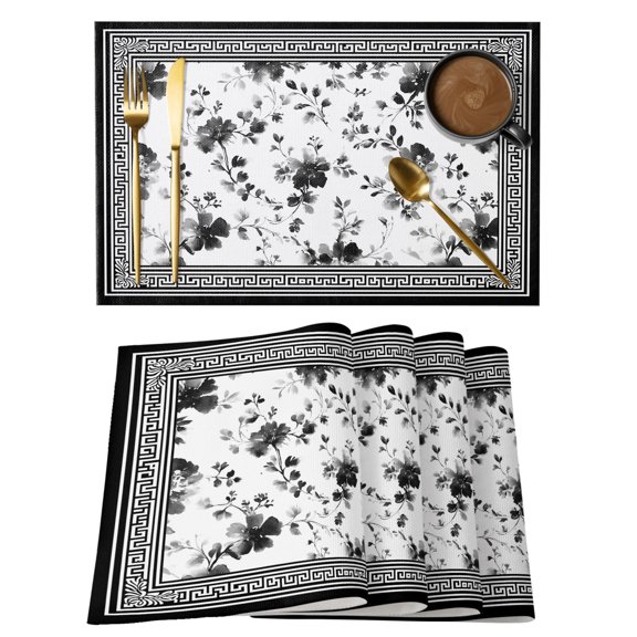Black Flowers Plaid Placemats Set of 12, Country Vintage Abstract Floral Leaf Checkered Non-Slip Place Mats Washable Table Mats for Kitchen Dining Table Decorations Indoor/Outdoor