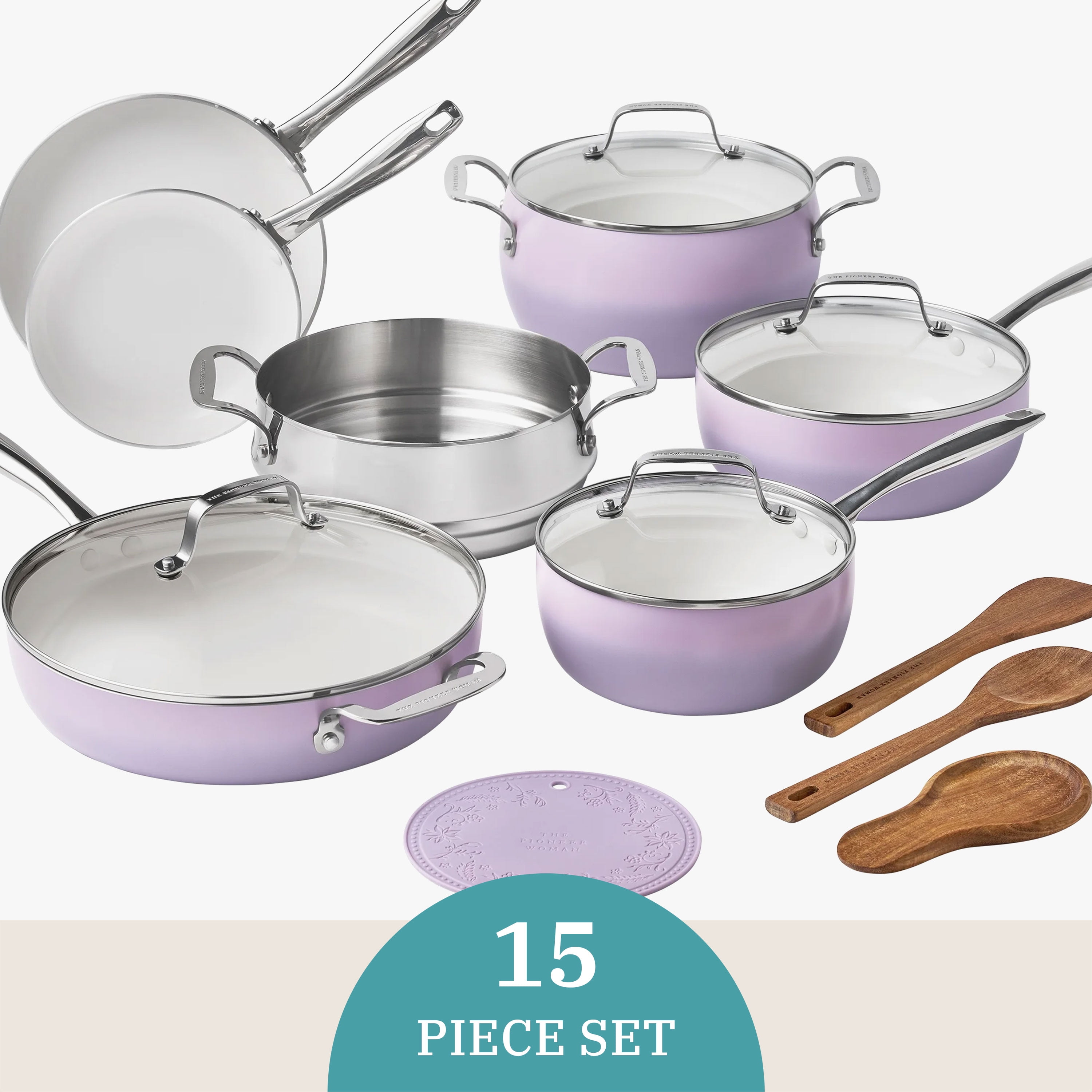 The Pioneer Woman Harlow 15-Piece Ceramic Non-Stick Aluminum Cookware Set, Iris