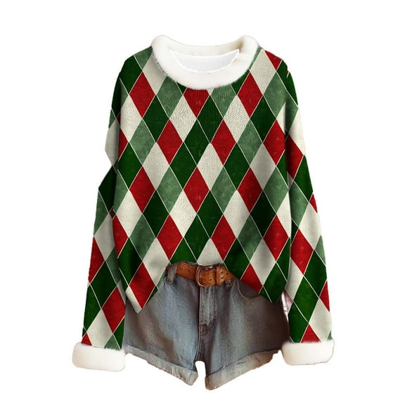 yardsong 2025 Xmas Women Holiday Top - Long Sleeve Boat Neck Imitation Knit Ugly Christmas Sweater Green,XL