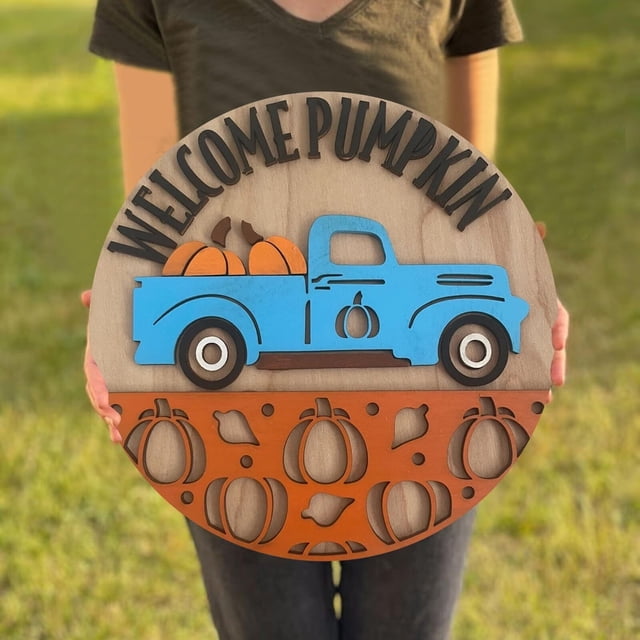 Sehao 1 pieza de placa colgante de bienvenida para puerta de entrada, letrero de porche de otoño, letrero de puerta de madera de Acción de Gracias con calabaza, hoja de arce, arte de pared campestre