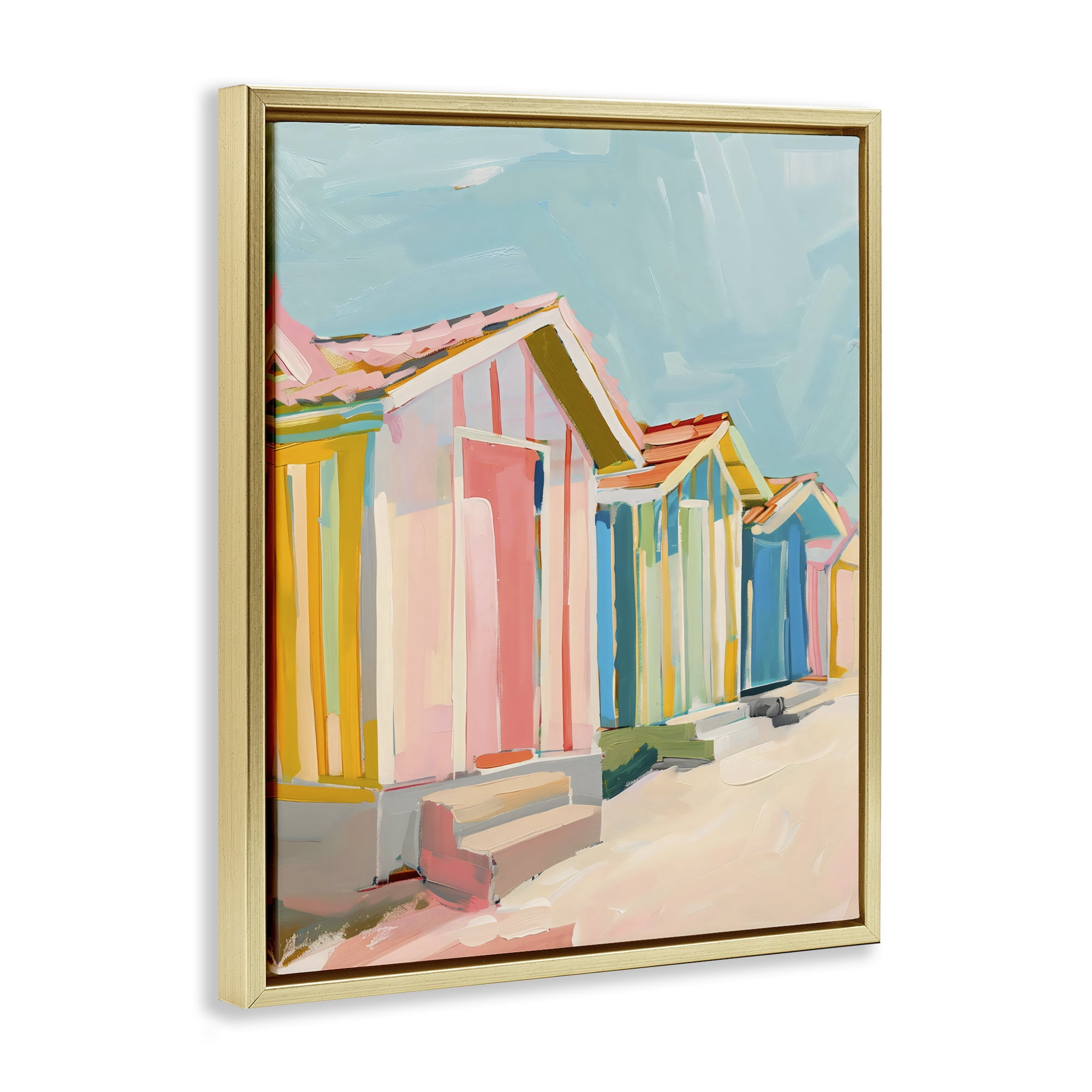 Stupell Industries Striped Beach Bungalows Gold Framed Floater Canvas Wall Art, design by The Prints Vibe