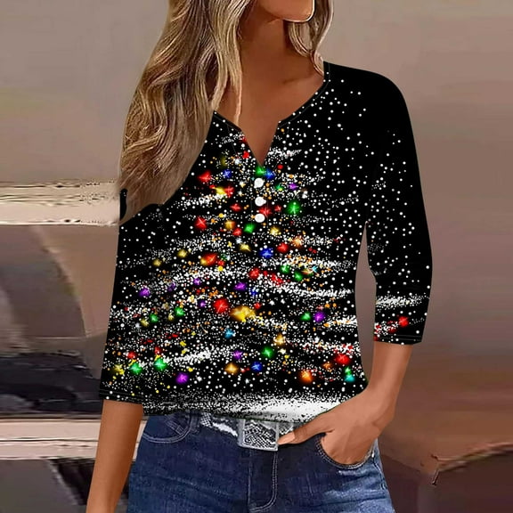 HOMBOM Womens Shirts V Neck Dressy Casual Button down Holiday 3/4 Sleeve Wine Glass Christmas Xmas Shirts for Female