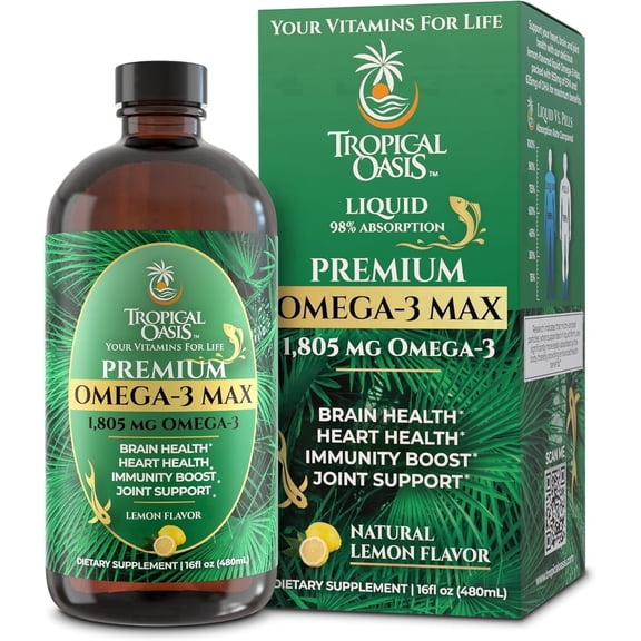 Tropical Oasis Omega-3 Max Drops, 1805mg n Fish Oil Liquid Vitamin Supplement with EPA & DHA, Tropical Lemon, 16 Oz, 96 Servings