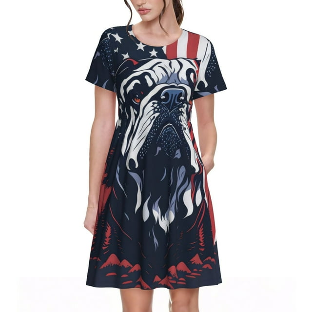 Vsdgher Bouledogue avec Drapeau de la Forêt pour Femmes Été 2025 Robes Midi Maxi Décontractées Légères à Manches Courtes à Col Rond Robe de Plage