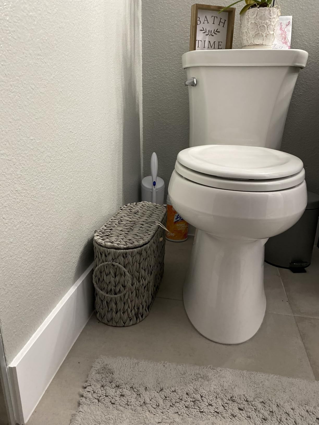 Toilet Paper Storage Basket With Lid Wicker Holder Stand Narrow Decorative Woven Bathroom Organizer Free Standing Grey