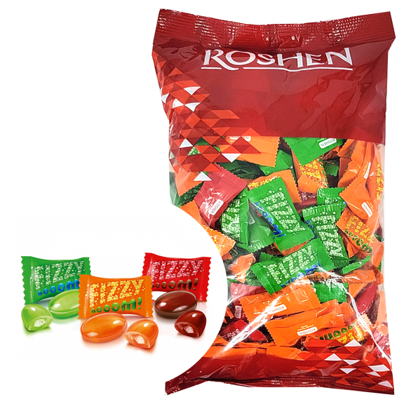 Roshen Hard Сaramel Candy 3 Flavors with Fizzy Filling Fizzy Boom 1 kg / 2.2 lb