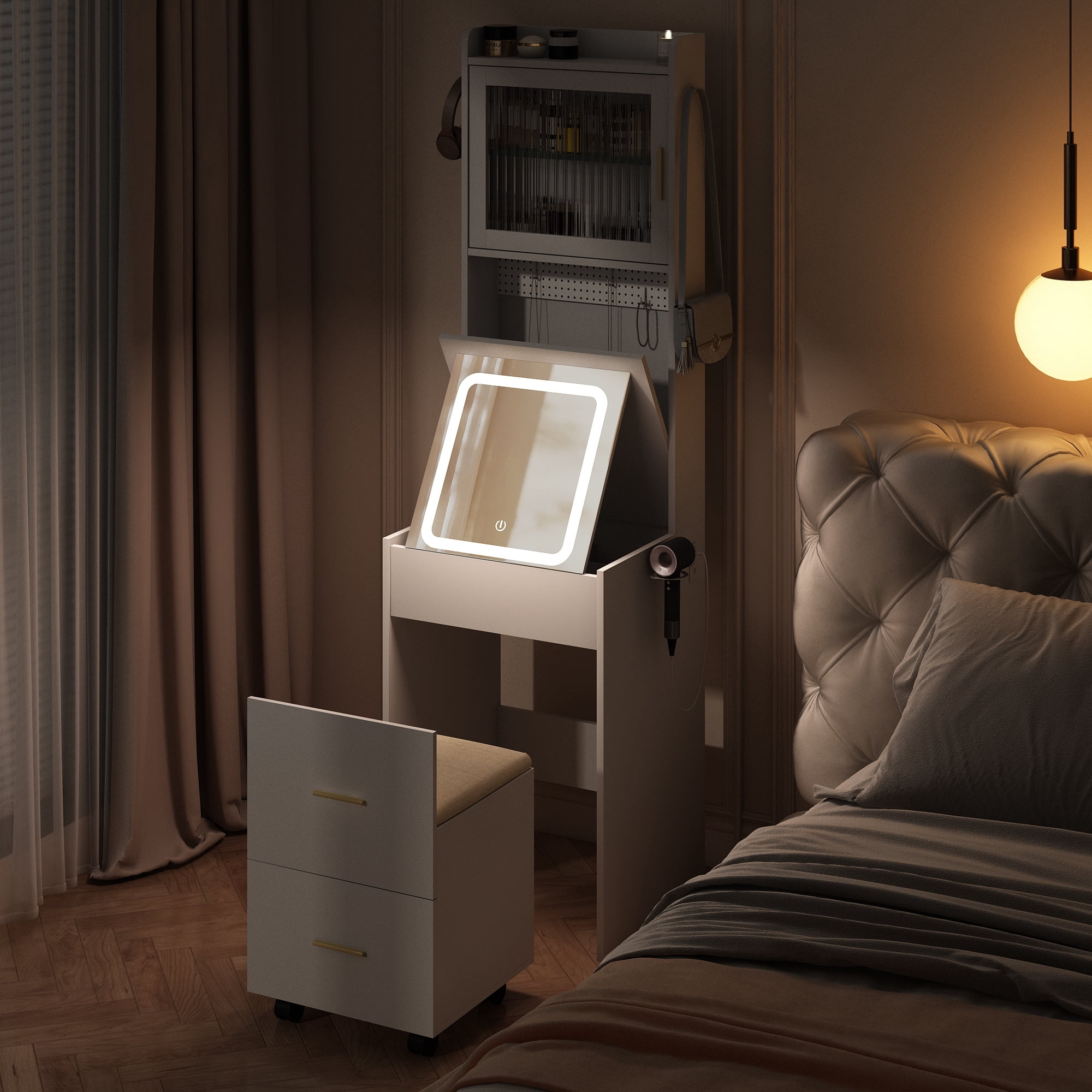 Ktaxon Makeup Vanity Table for Small Spaces, Vanity Table Set with 3 Color LED Light, Bedroom Dressing Table, White