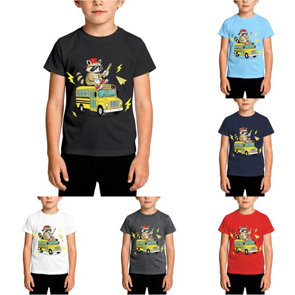 HCYSFG Boys Back To School Top Raccoon Riding Bus Graphic Crewneck Short Sleeve T Shirt First Day Pullover Tee