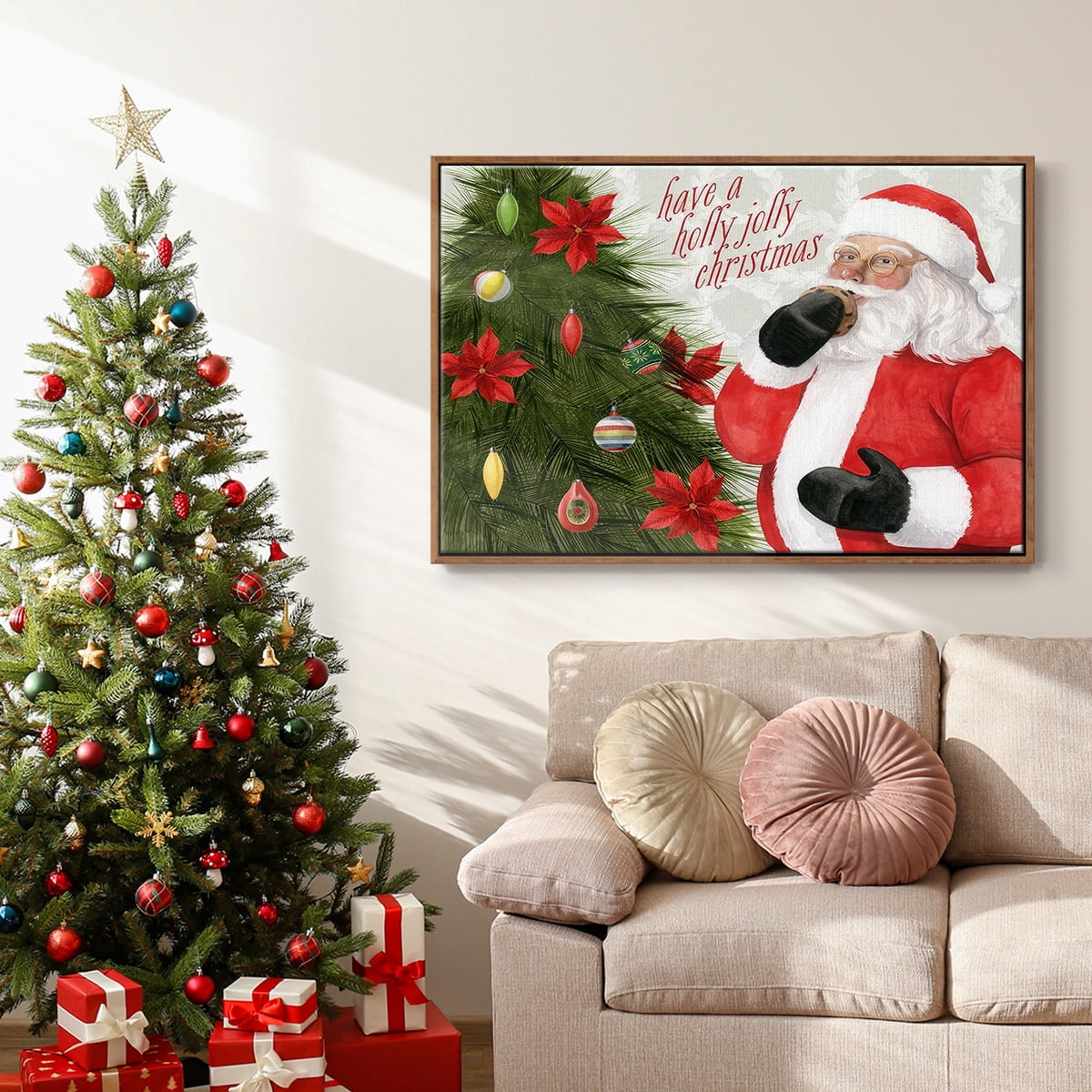 Arose Such a Clatter Collection A - Framed Gallery Wrapped Holiday Canvas - 17 x 25 - Rosewood Frame