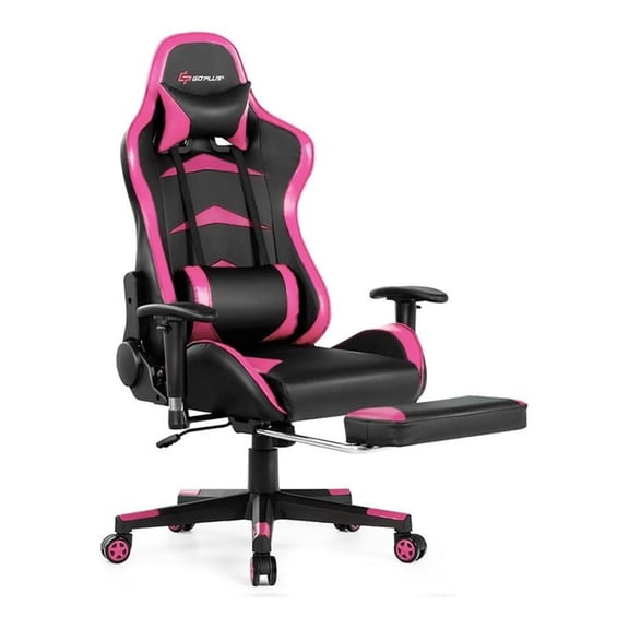Pemberly Row Faux Leather Swivel Massage Gaming Chair with Footrest in Pink