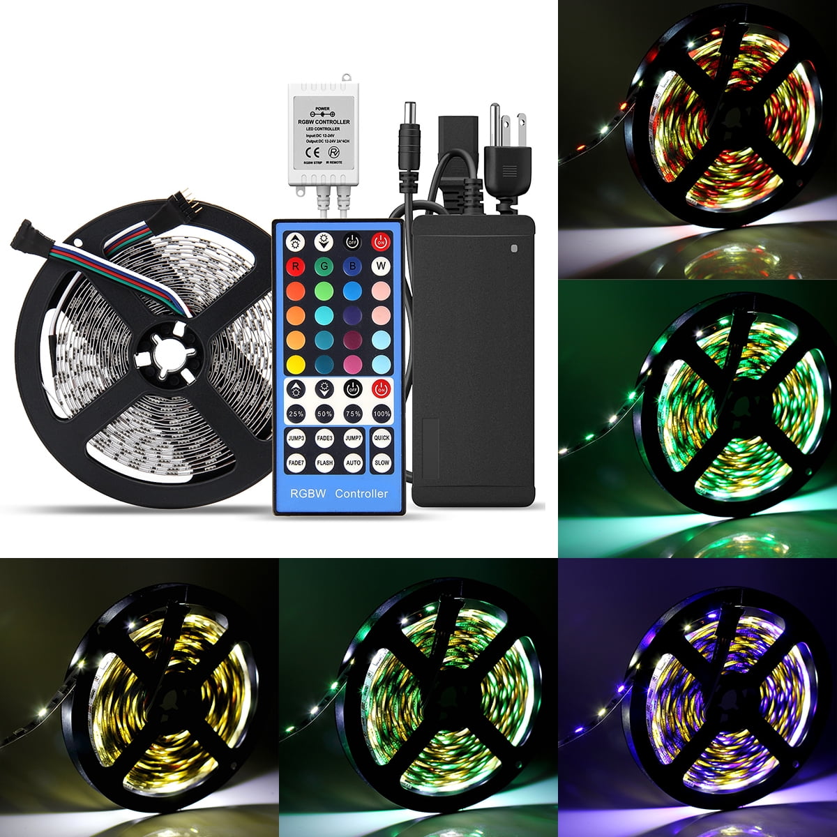 SUPERNIGHT RGBW Full Kit Flexible 16.4ft 5M 300LEDs SMD5050 LED Strip Light Non-Waterproof + RGBW IR Controller + Power Supply