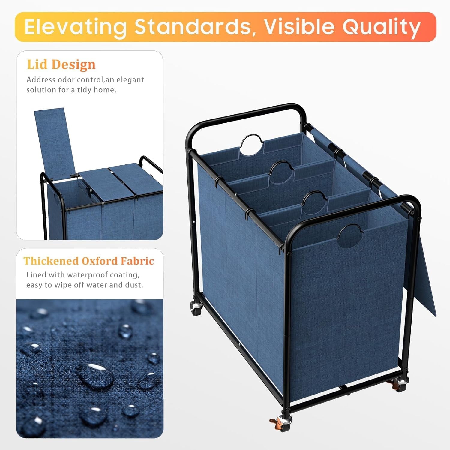180L (47.55 Gal) Laundry Sorter 3 Section, Rolling Laundry Basket with Lockable Wheels and Lid, Laundry Hamper with 3 Separated Removable Bags Dirty Clothes Hamper for Laundry Room Organizer, Blue