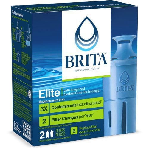 Filtre de rechange Brita Elite, réduit plus de 30 contaminants tout en conservant les minéraux sains, certifié par la WQA pour la réduction du plomb, des microplastiques, du chrome et du chlore, dure 2 filtres par boîte