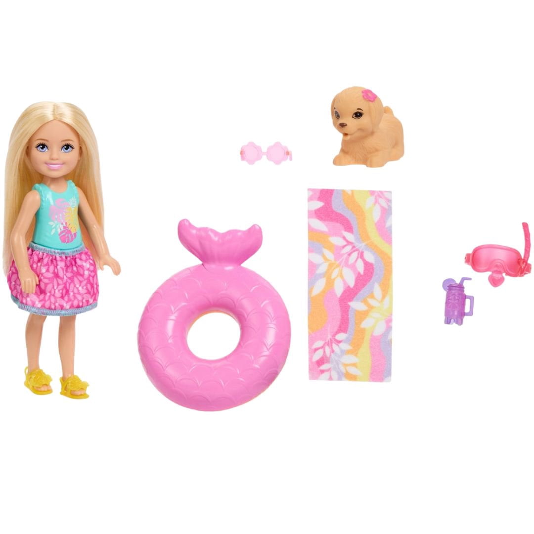 Barbie Summer Vacation Chelsea Doll and Pool Playset with Puppy, Water Slide, Tiki Umbrella, Pool Float, and Accessories  for Kids Ages 3 and Up