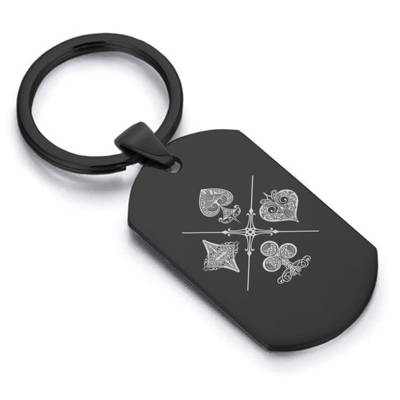 Stainless Steel Four Card Suits Dog Tag Keychain Circle Ring