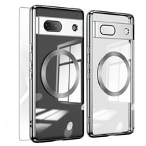 Allytech Magnetic Case for Google Pixel 7A, Google Pixel 7A Tempered Glass Screen Protector, With Camera Lens Protector Transparent Clear Shockproof Anti-Yellow Bumper Slim Cover Case - Silver