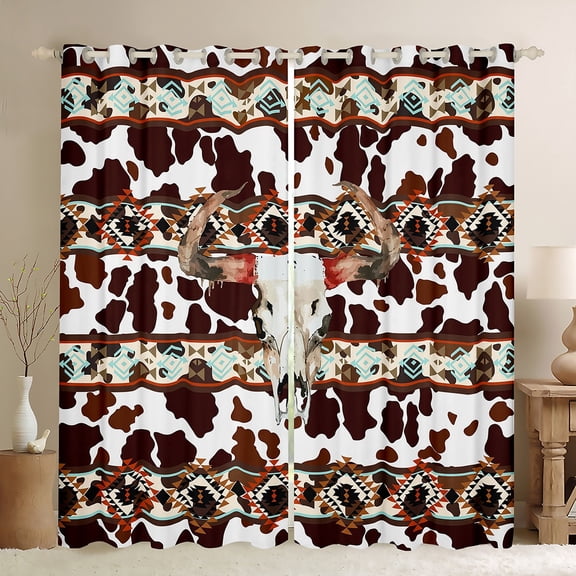 Castle Fairy Boys Girls Western Bull Skull Black Out Curtains,Cow Print Curtains Pack of 2 (42x63 Each),Bohemian Tribal Aztec Bedroom Curtains,Lightweight Room Decor