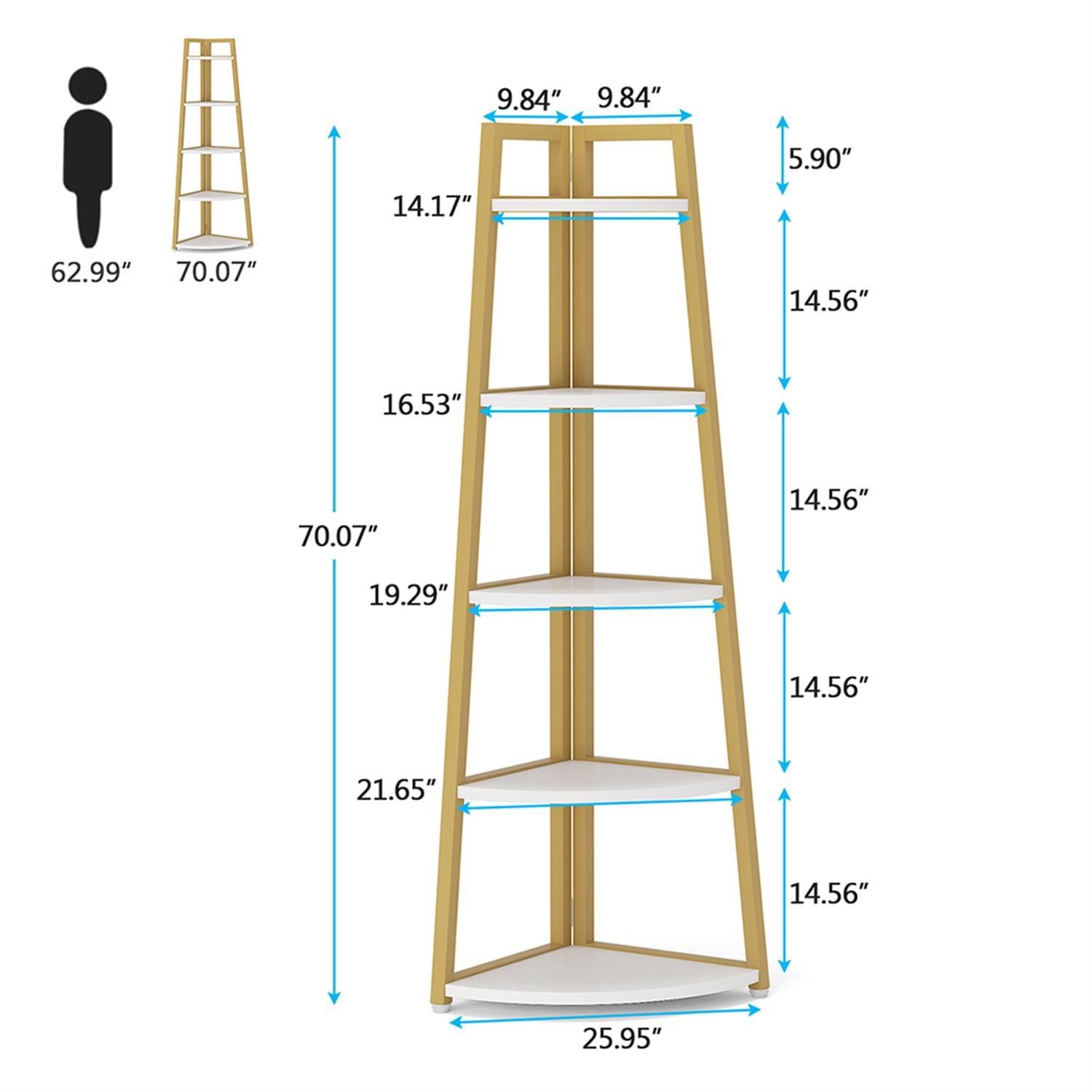 Demi Bonn 5-Tier Corner Bookshelf, Wood and Metal Bookcase Storage Organizer, 70" Tall Display Standing Shelf Unit for Bedroom, Living Room, Gold