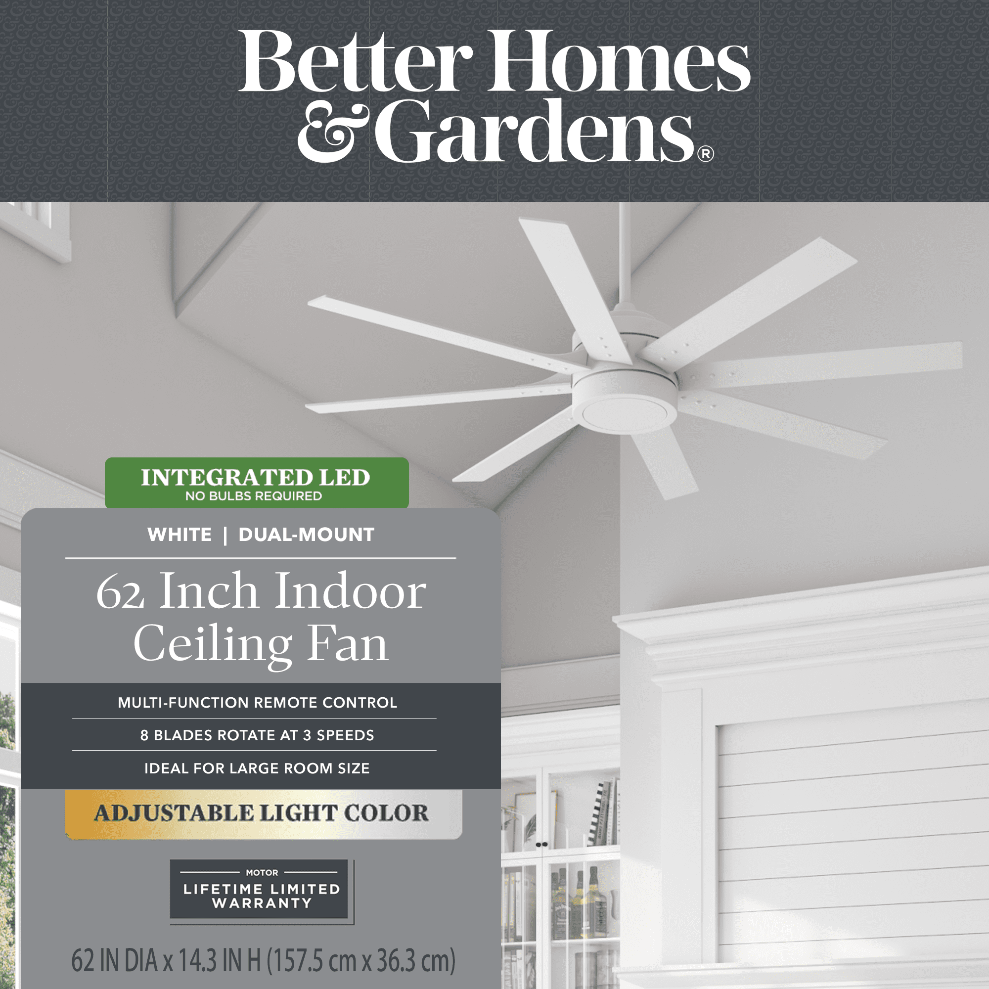 (2 pack) Better Homes & Gardens 62" Dual Blades Motor Finish Integrated Light Kit Ceiling Fan with Remote Control
