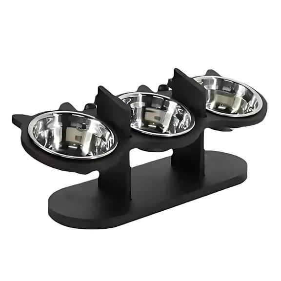 Elevated Pet Feeder with 3 Stainless Steel Bowls - Adjustable Wooden Raised Stand with Cat Ear Design, Anti-Spill Feeding Station for Cats & Dogs