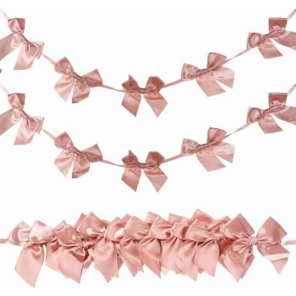 2Pcs Coquette Banner Pink Ribbon Bows Decor Valentine's Day Light Coral Pre-Strung Satin Ribbon Holiday Wall Table Hanging Banners Bowknot Garland for DIY