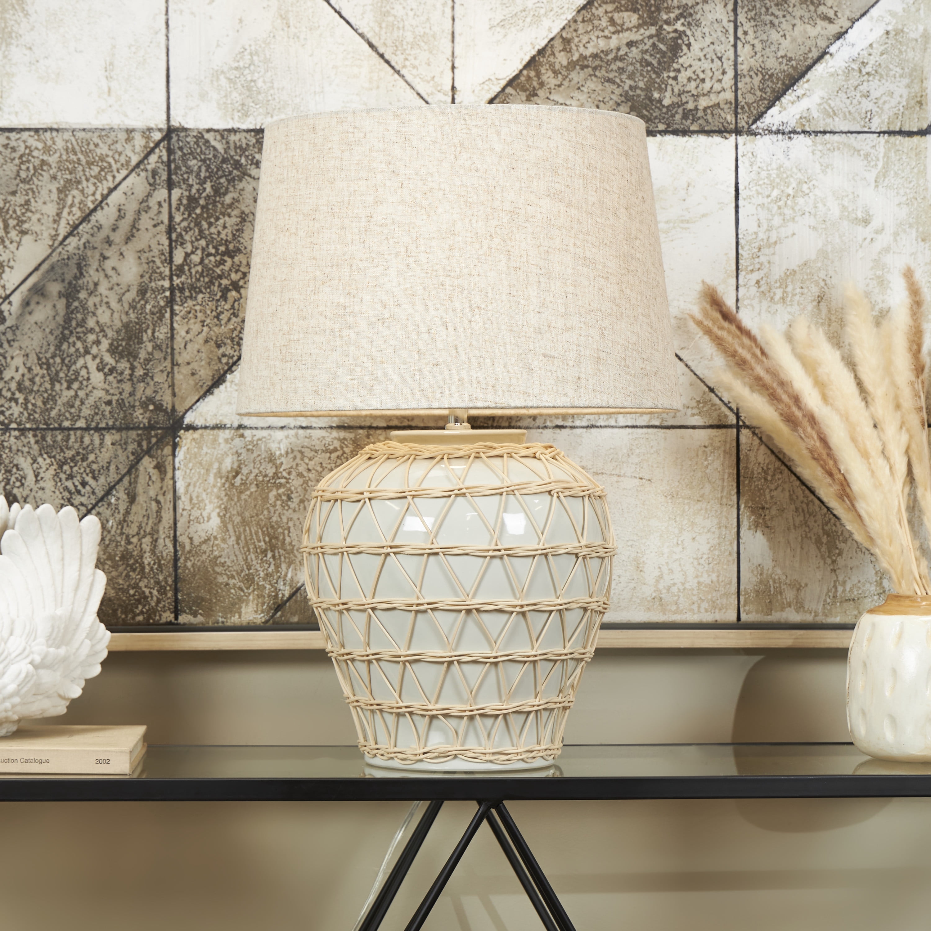DecMode 23" Woven Rattan Geometric White Table Lamp with Cream Linen Shade