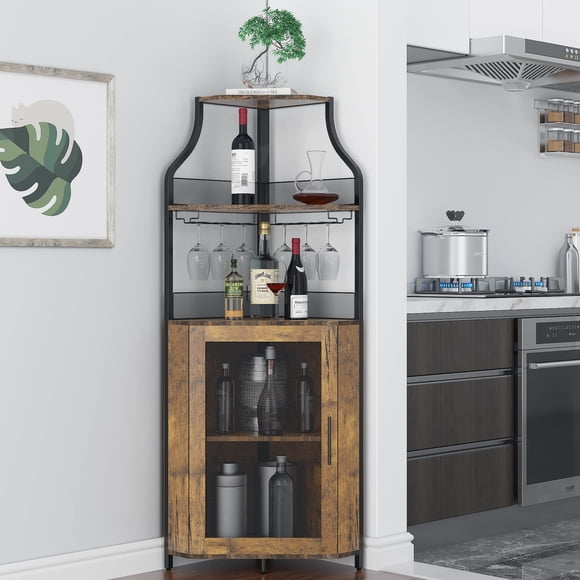 Yiwa Farmhouse Wine Bar Corner Cabinet with Storage, Small Buffet Sideboard with Detachable Rack and Buffet Mesh Door, Glass Rack, Liquor Coffee Bar Cupboard for Kitchen, Dining Room