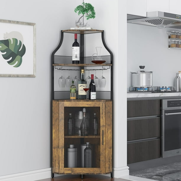 Yeshouse mueble esquinero para vinoteca de estilo rústico, pequeño aparador con estante desmontable y puerta de malla, soporte para vasos, armario para licores y café, ideal para cocina y comedor
