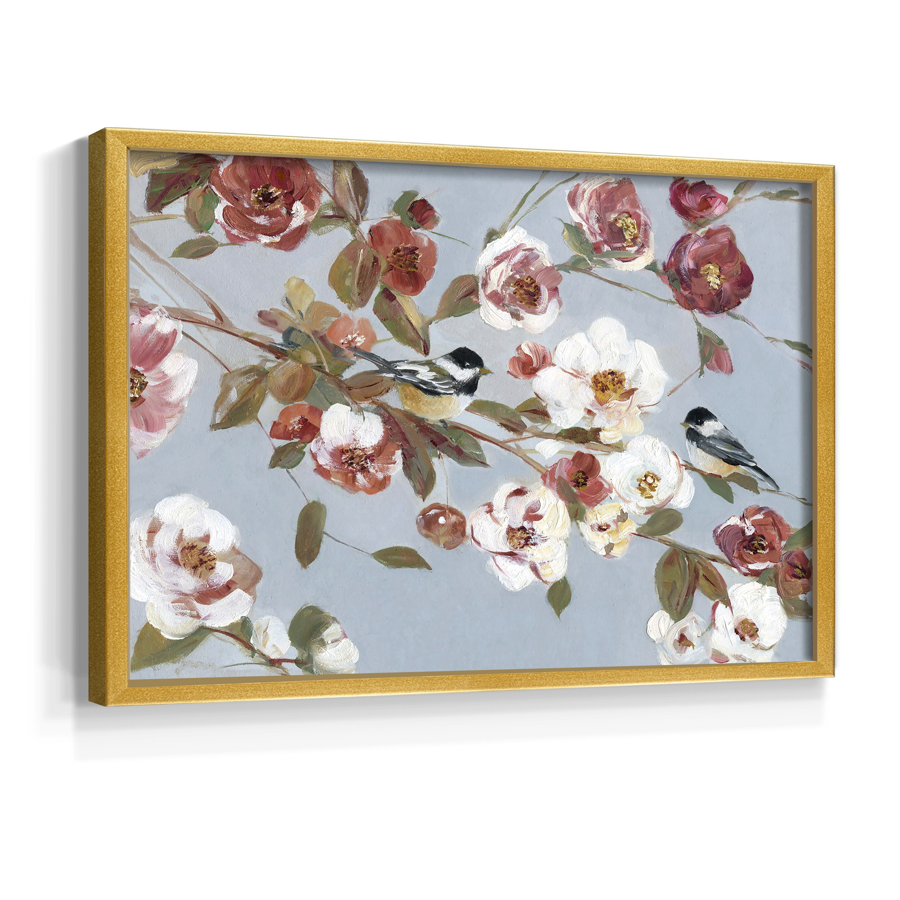 Chickadees and Blossoms II by Sally Swatland - Restickable Framed Giclée Print