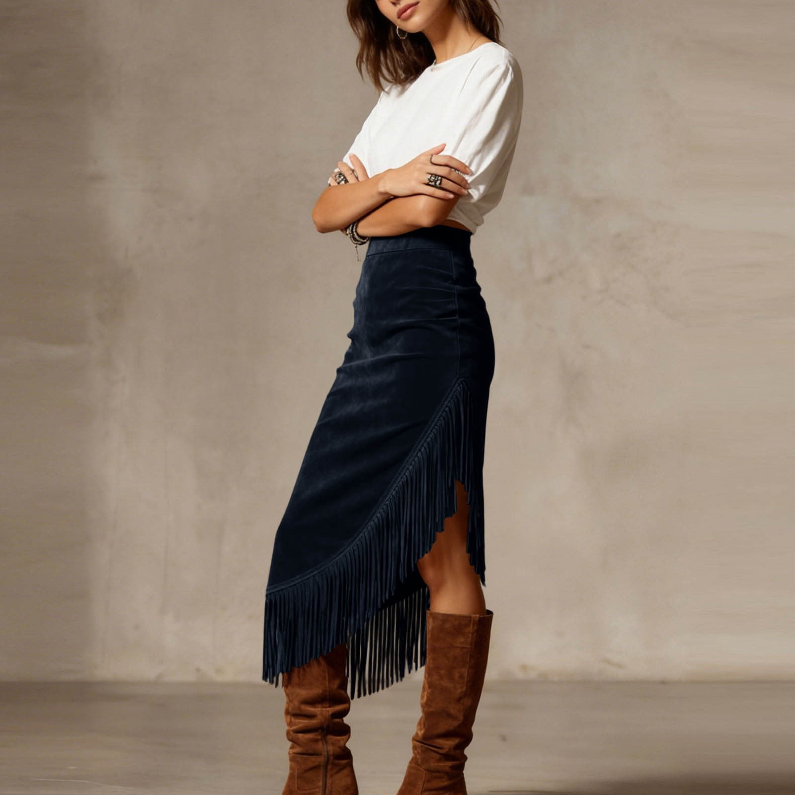 Women's Fringe Suede Maxi Skirt Western Style Asymmetric Ruched Bodycon Side Slid Cowgirl Tassel Long Skirts