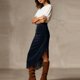 thumbnail image 3 of Falda de Franja para Mujeres de Cintura Alta Bodycon Midi Asimétrica Split Western Style, 3 of 7