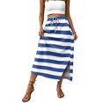 thumbnail image 5 of Womens Striped Print Maxi Skirt High-waisted Drawstring Swing Mid-length Side Slits Boho Beach Vacation Long Skirts Blue M, 5 of 6