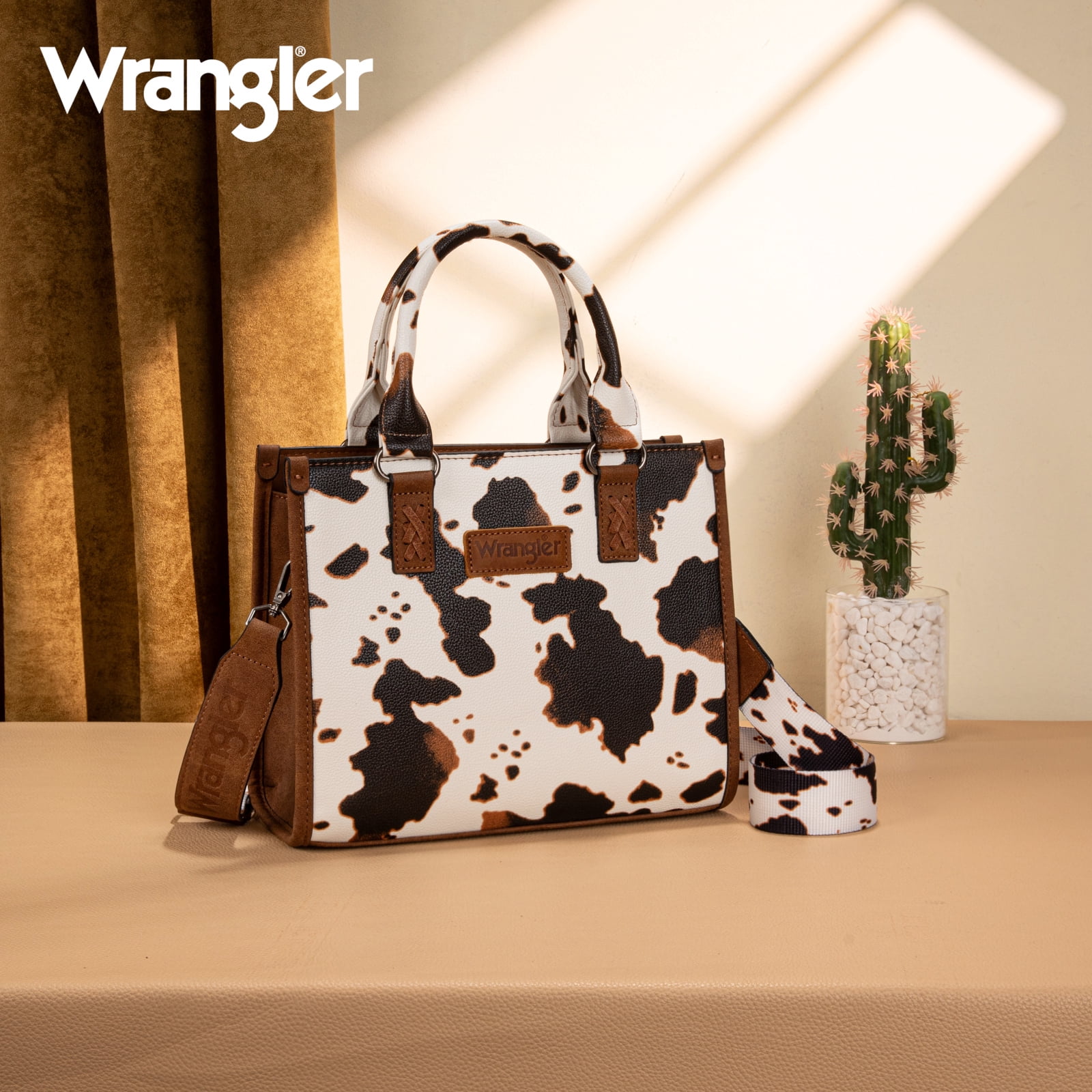 Wrangler Tote Bag for Women Western Retro Purse Top Handle Handbags with Aztec Strap, Cow-Brown