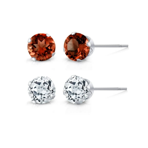 Gem Stone King 925 Sterling Silver 4MM Red Garnet 0.59 Cttw and White Topaz 0.63 Cttw Stud Earrings Set for Women Men of 2