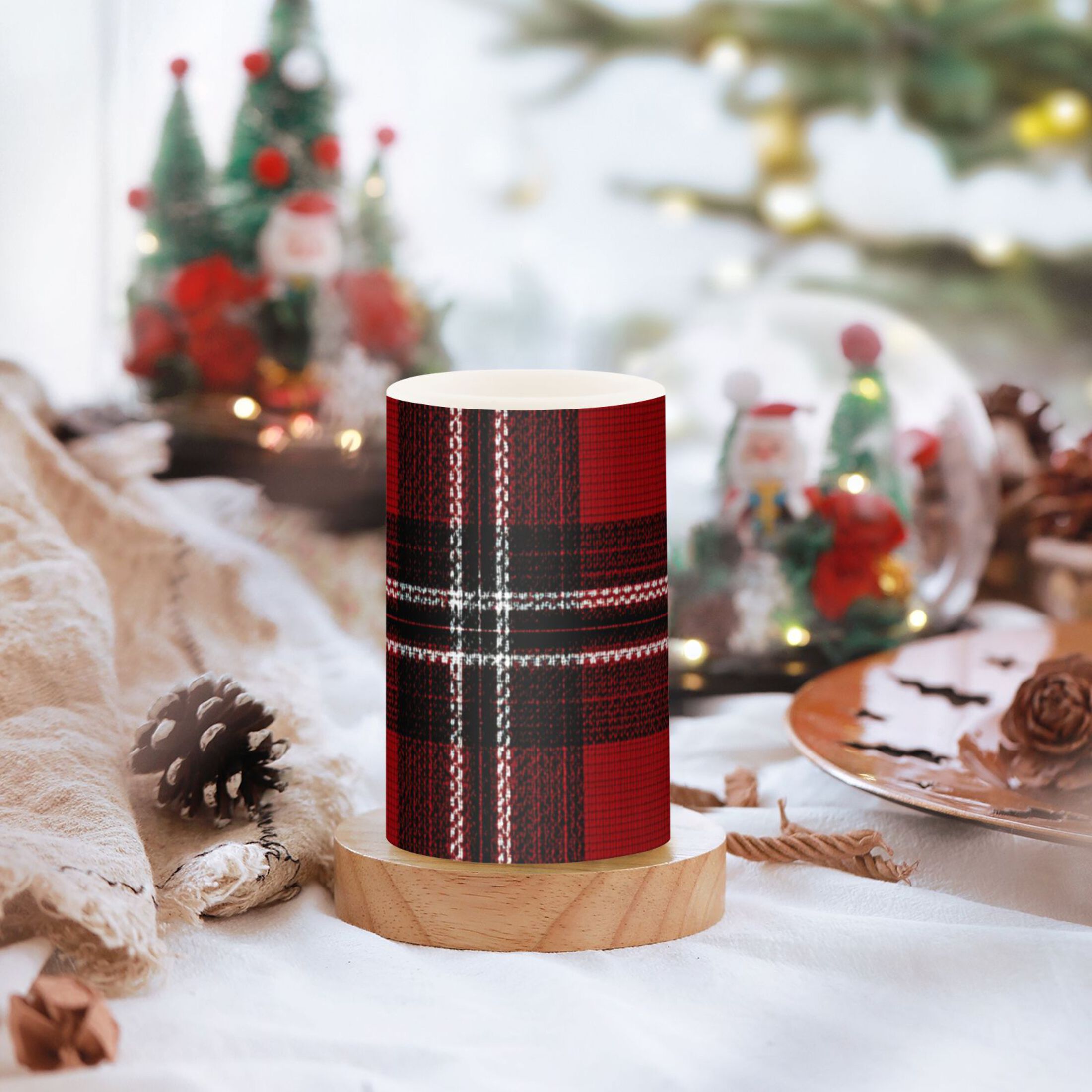 Red Black Tartan Plaids Fabric Texture Flickering Flameless Candles LED Tealight Battery Operated with Remote Set of 2 Holiday Decor Ornaments