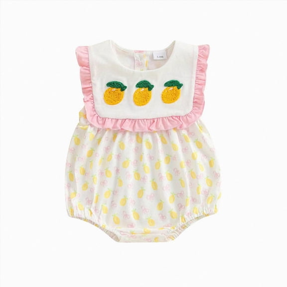 mgoYE Baby Girl Fruit Clothes Lemon Embroidery Smocked Bubble Romper Sleeveless Ruffled Bodysuit Summer Outfit Size 6-12 Months Yellow