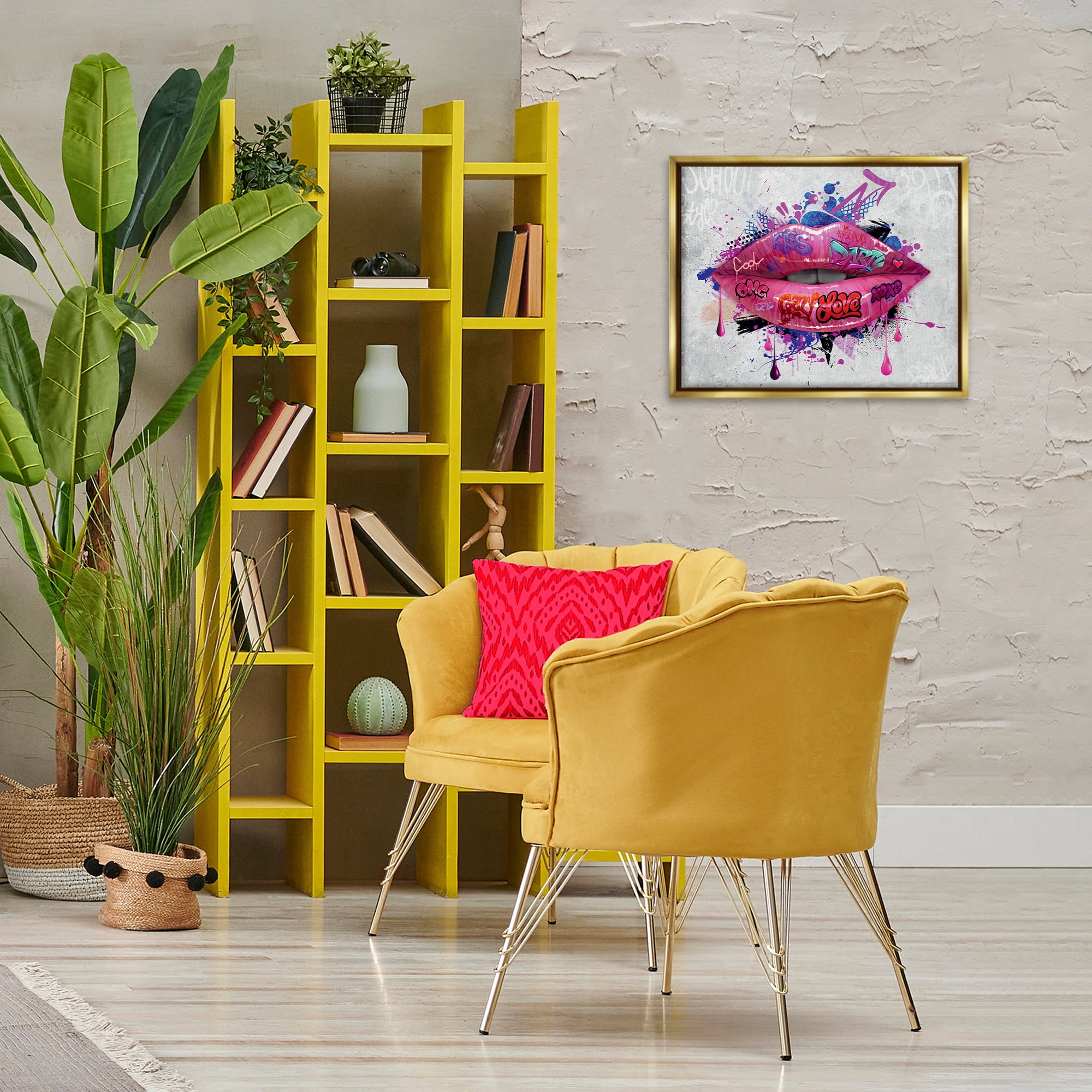 Stupell Industries Urban Graffiti Lips Abstract Painting Gold Floater Framed Canvas Art Print Wall Art, 21 x 17
