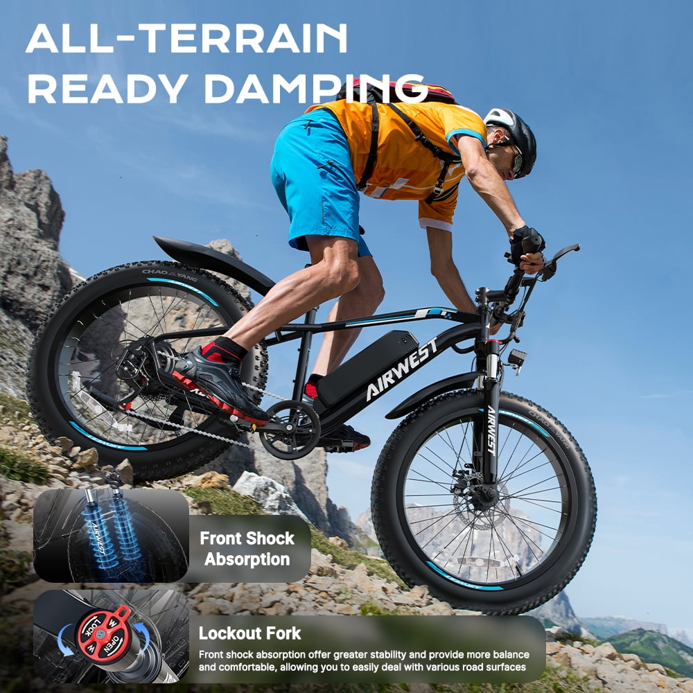 AIRWEST 26" Men's Electric Mountain Bike - 500W Motor, 48V 13Ah Removable Battery, 7-Speed Fat Tire E-Bike for Snow/Sand/Off-Road - UL2849  - Max 25MPH