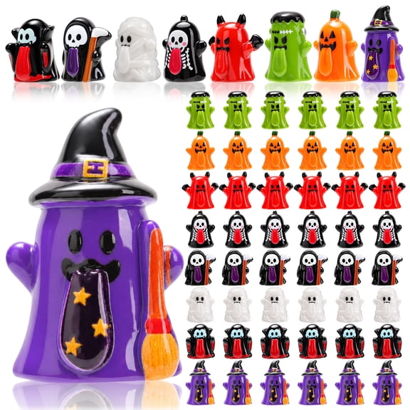 Yhh 80PC Halloween Mini Resin Figurines, 8 Styles Vampire Witch Mummy Skeleton Devil Pumpkin Ghost Figures for Party Favors, Tabletop Decor and Gifts