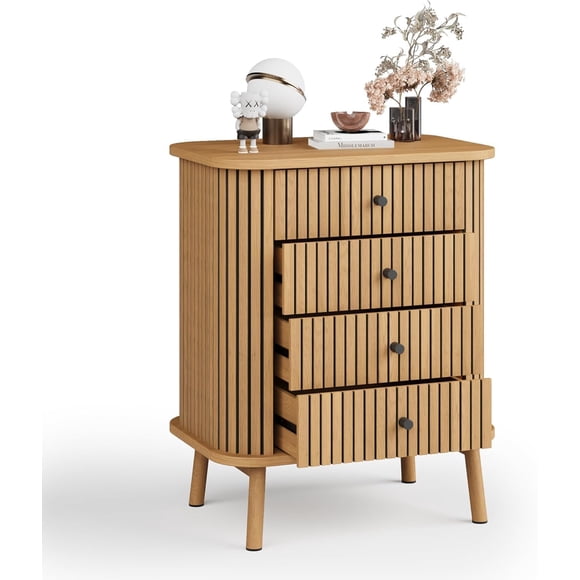 Bingirl Boho 4 - Drawer Wicker Dresser Chest with Black Handles for Bedroom & Living Room Storage