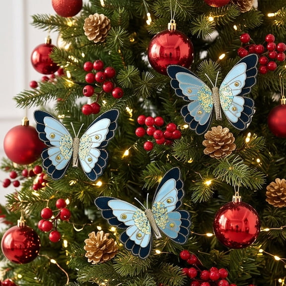 Edgtyos 3Pcs Glitter Large Butterfly Christmas Ornament, Blue Glossy Artificial Butterfly Xmas Tree Decoration with Clip for Festive Wedding Home Holiday Decor