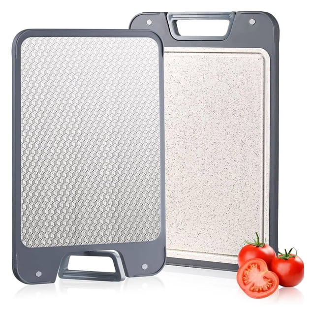 2 IN 1 Tabla para Picar Acero Inoxidable, Tablas para Picar Cocina 304 Acero Inoxidable + Paja de Trigo PP, Asa de Pie y Colgante, Antideslizante, Fácil de Limpiar Tabla para Cortar