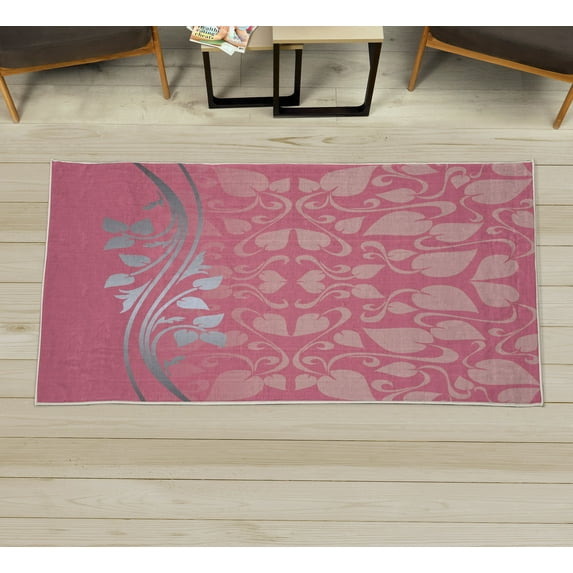Floral Decorative Rug, Romantic Royal Leaf Pattern Yellow Colored Blossoming Branch Leaves Art, Quality Carpet for Bedroom Dorm and Living Room, 6 Sizes, Pink Grey, by Ambesonne