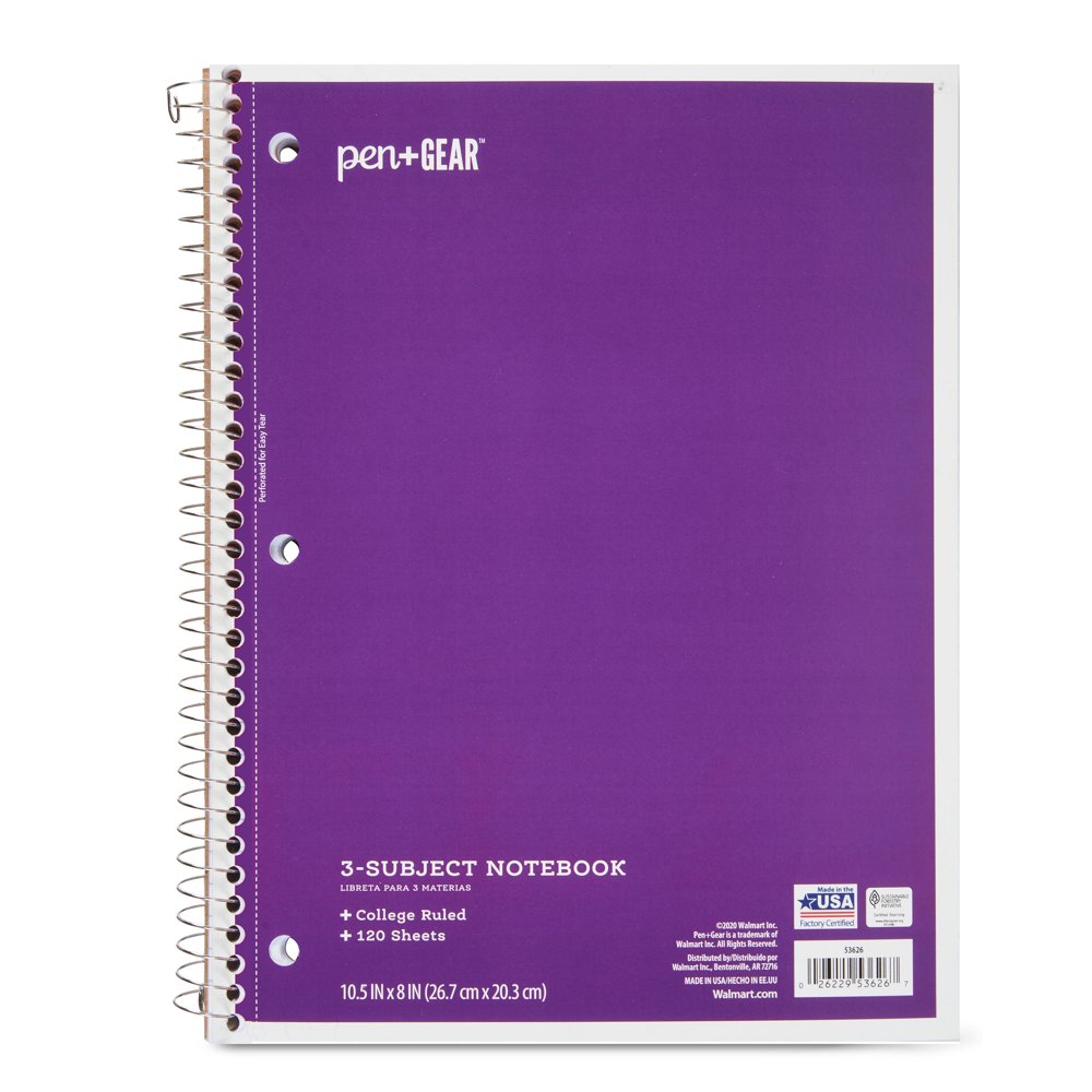 Pen+Gear College Ruled 3Subject Spiral Notebook, Purple, 10.5" x 8