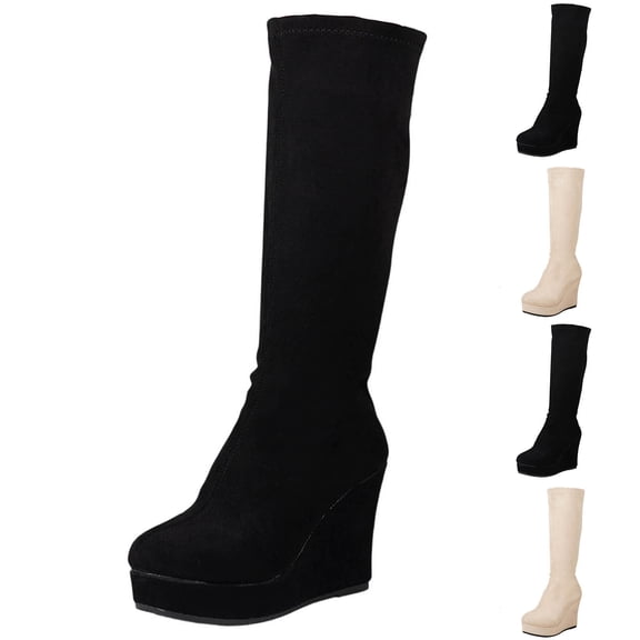 Women Round Toe Slip on Platform Wedge High Heel Knee High Tall Boots Comfort Stretch Footwear Autumn Winter Fashion Warm Shoes Black 9.5(43)