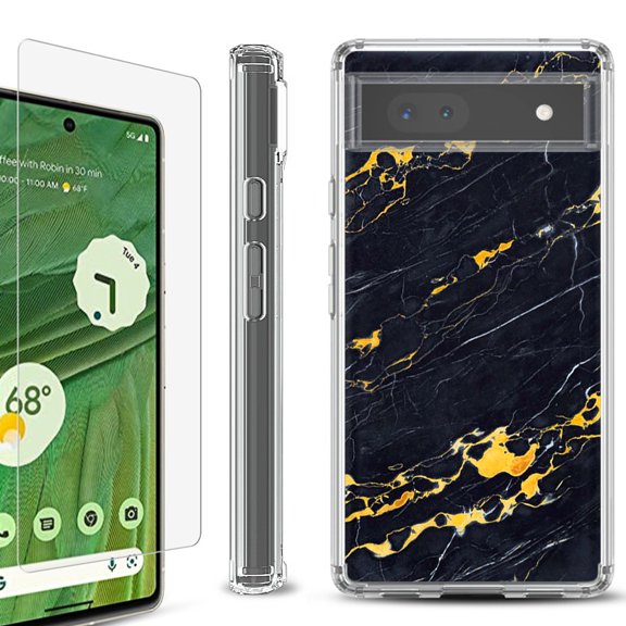 Shockproof Bumper Phone Case for Google Pixel 6a, with Tempered Glass Screen Protector, by OneToughShield ® - Marble / Lava